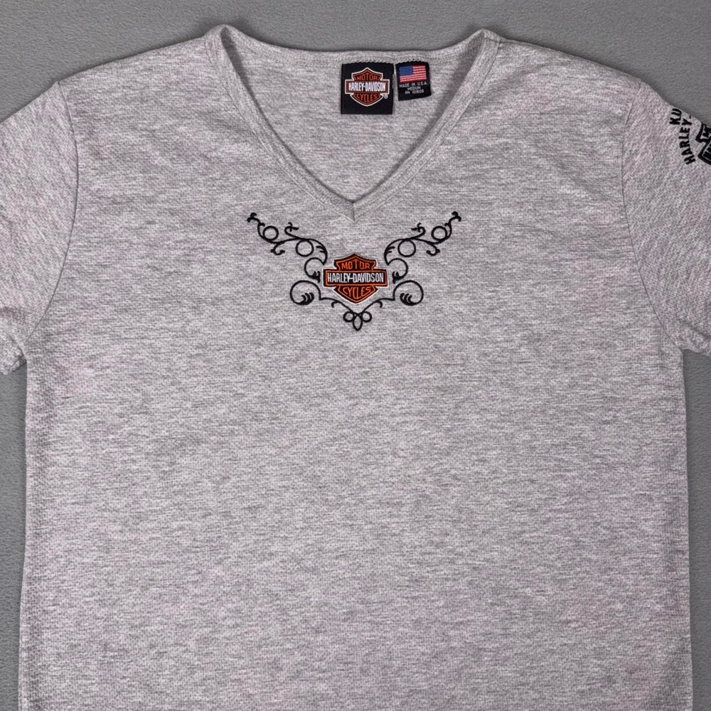 Harley-Davidson Womens V-Neck Embroidered Bar Shield Logo T-Shirt‎ Gray M USA - Picture 4 of 8